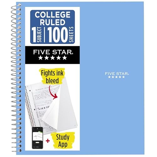 Five Star Spiral Notebook + Study App, 1 Subject, College 8-1/2″ x 11″ Blue