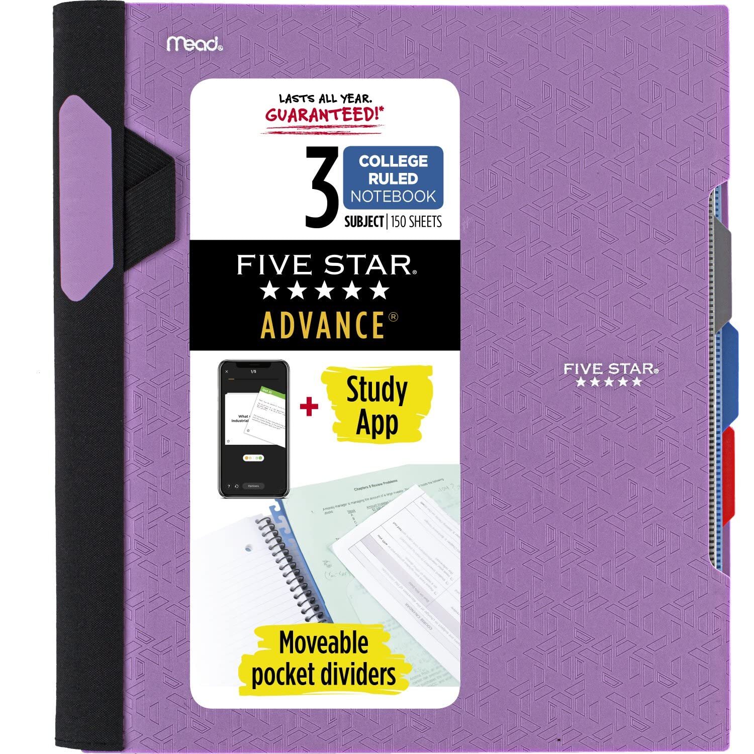 Three-Subject Spiral Notebook with Study App Amethyst Purple 150 Sheets