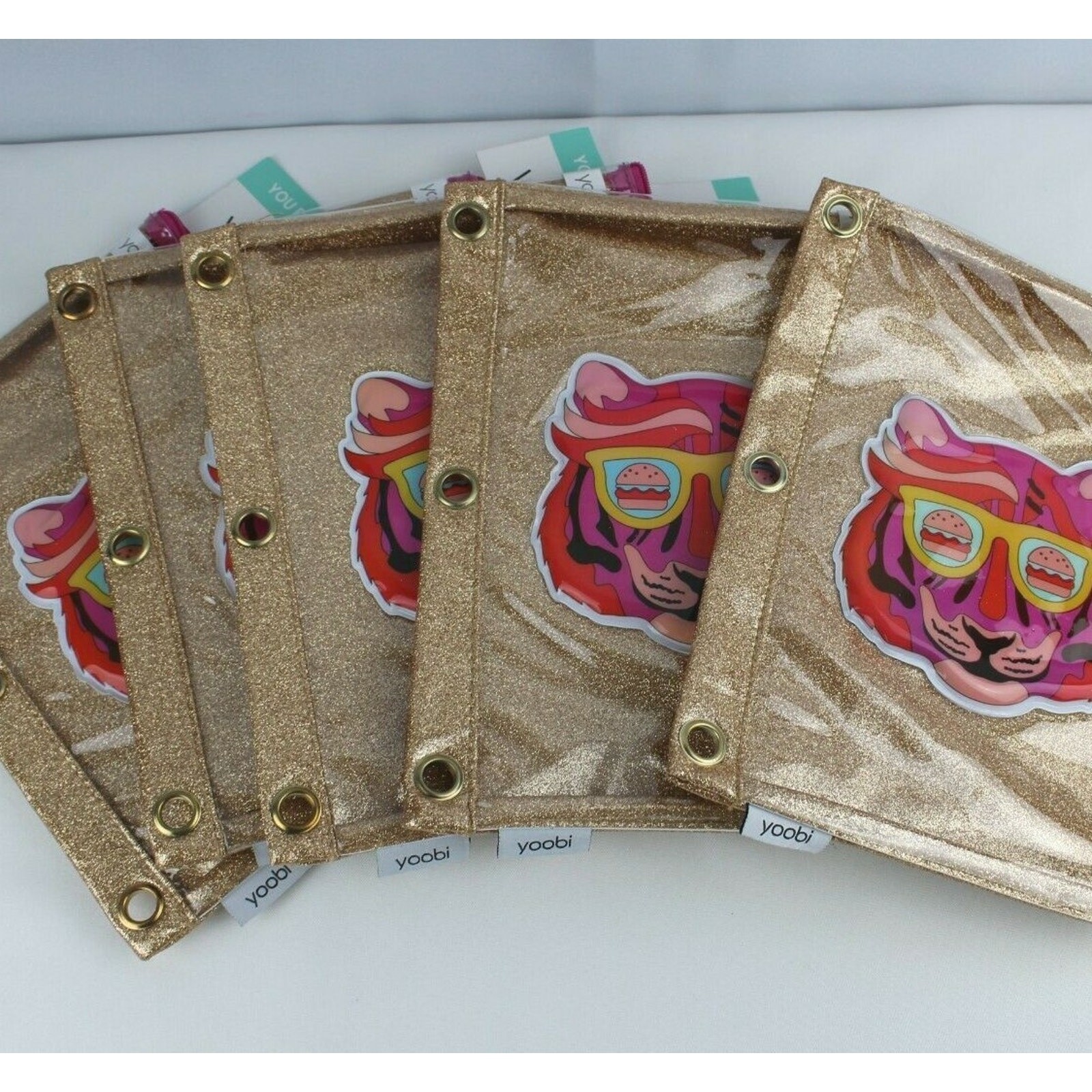 Yoobi Fashion School Binder Zip Case Gold Glitter LION with Sunglasses Pink 5pck