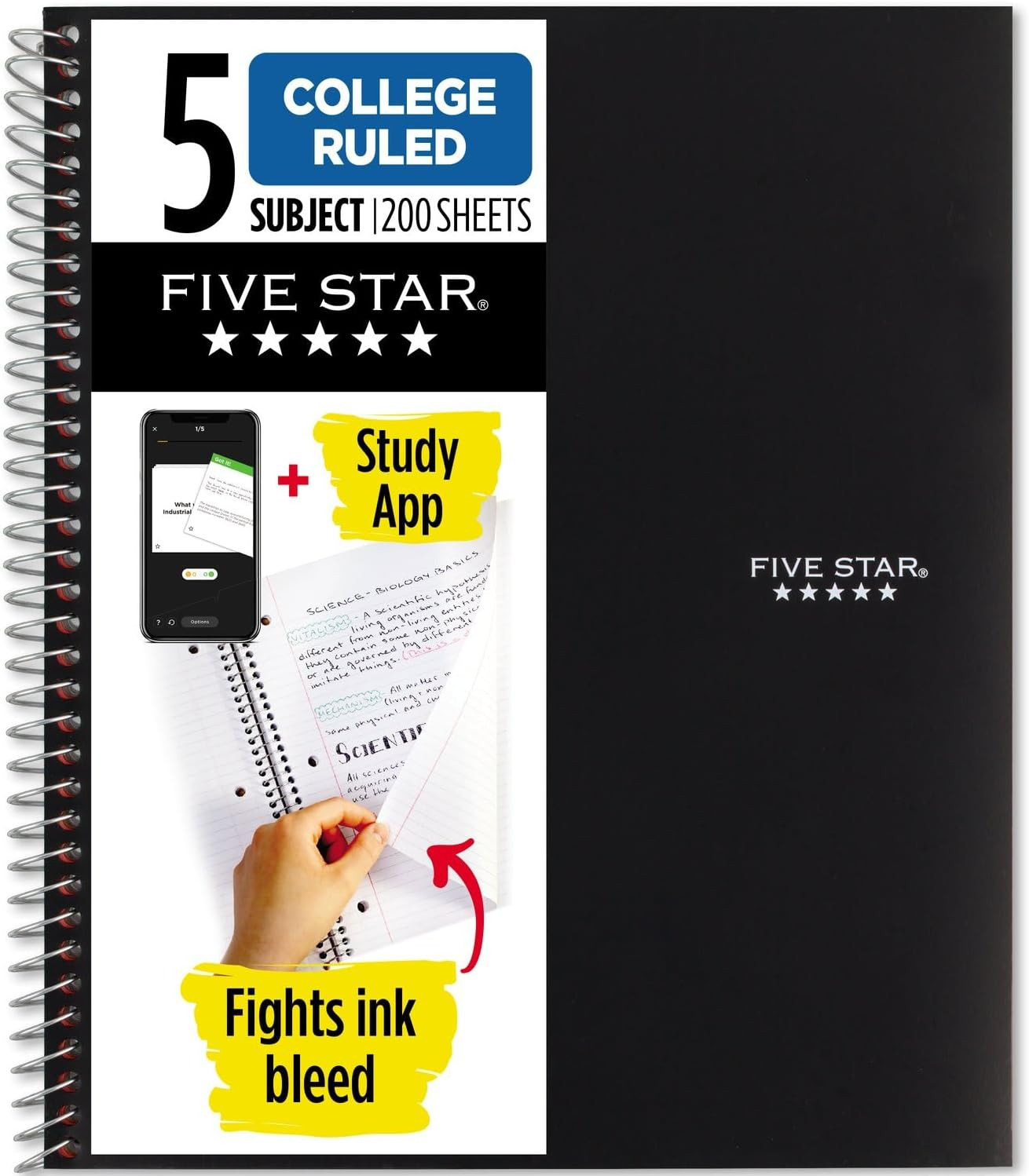Spiral Notebook + Study App, 5 Subject, College Ruled Paper, 8-1/2″ X 11″, 200 S