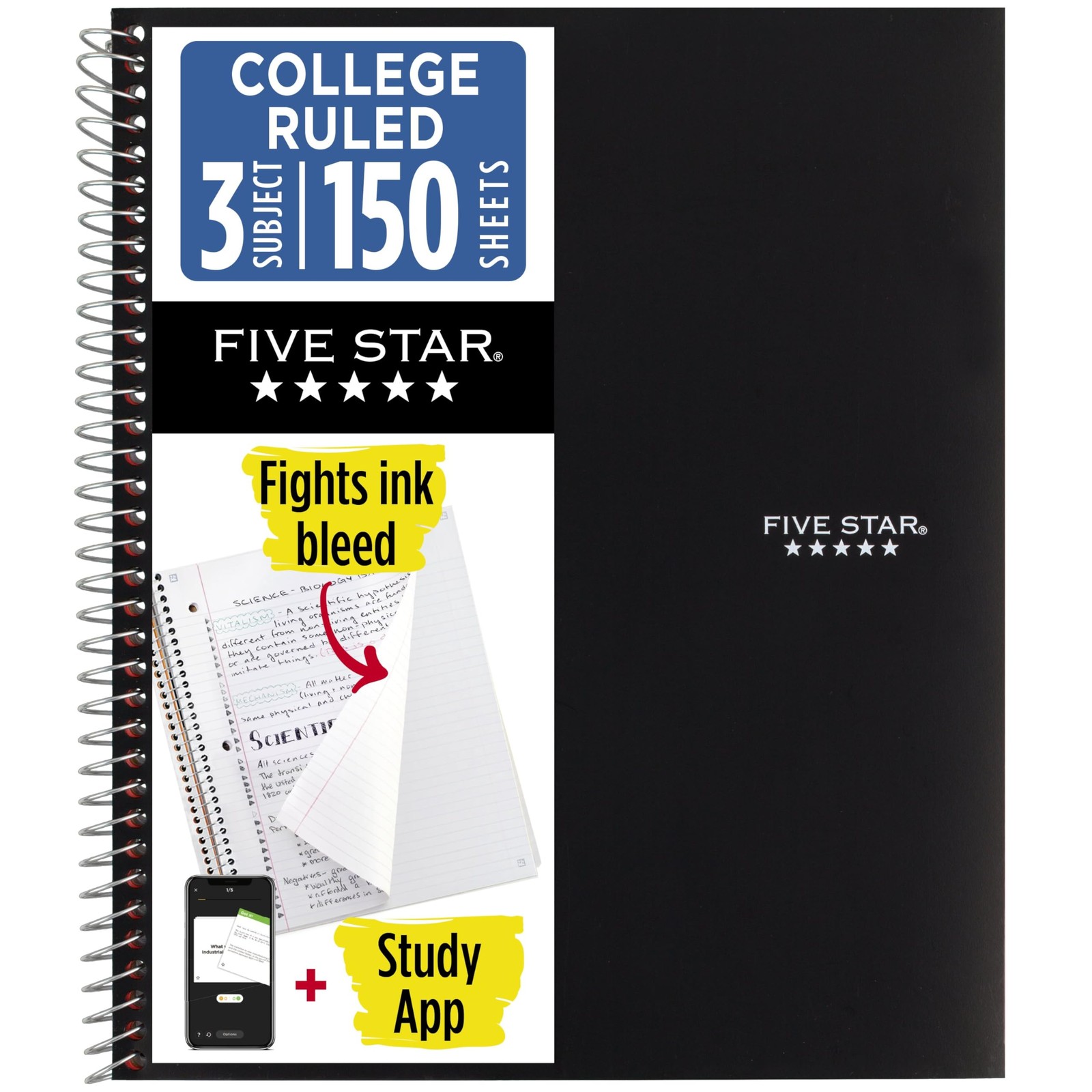 Five Star Spiral Notebook + Study App, 3 Subject, 1 Count (Pack of 1), Black