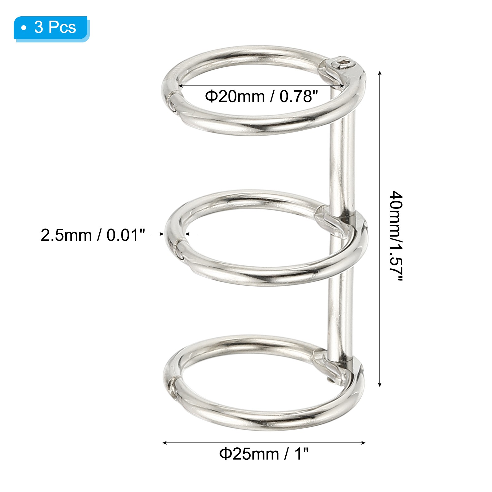 3 Rings Metal Loose Leaf Binding with 25 mm ID Book Binding, White, 3 Pcs