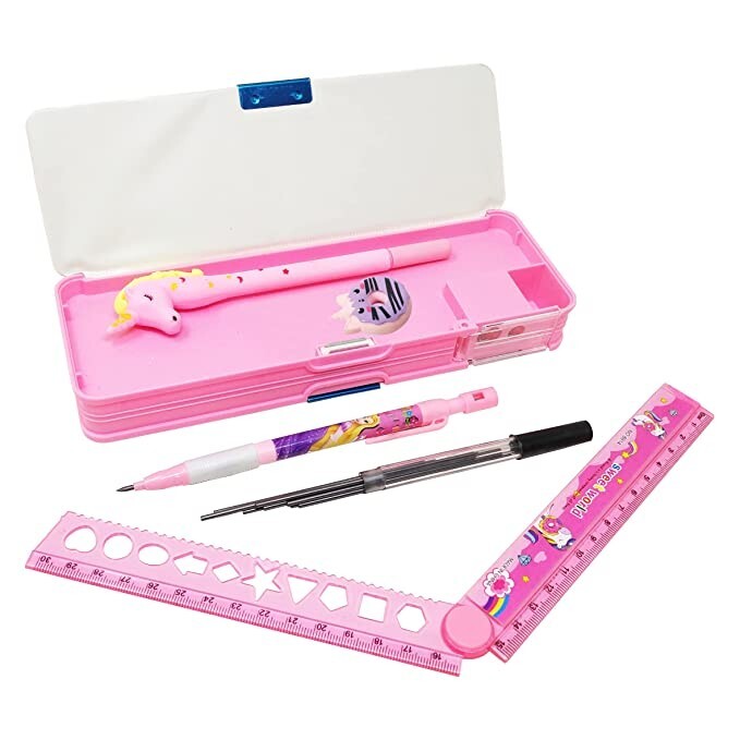Stationery Combo of 1 Plastic Pink Pencil Box with Calculator Unicorn Pen Scale