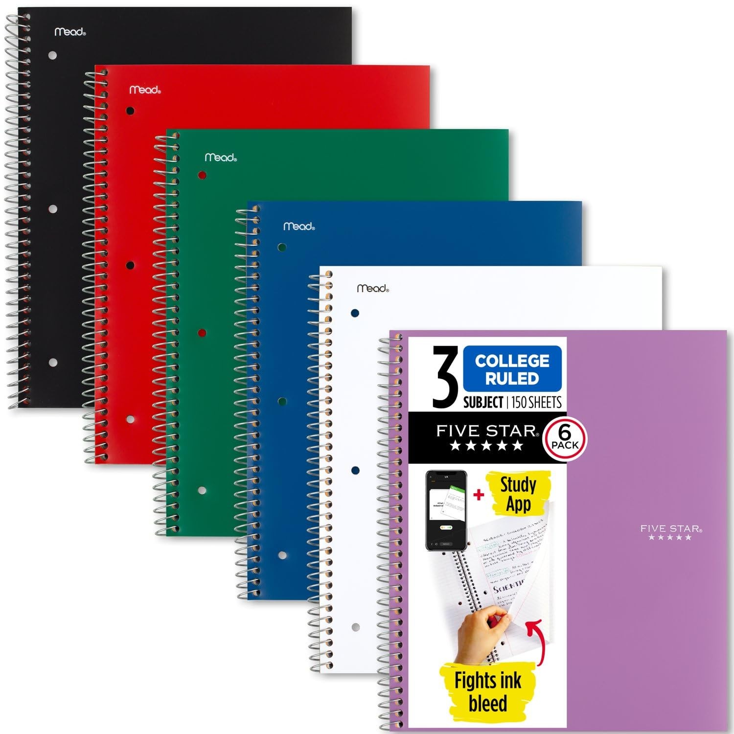 Spiral Notebooks Plus Study App, 6 Pack, 3 Subject, College Ruled Paper, 11″ …