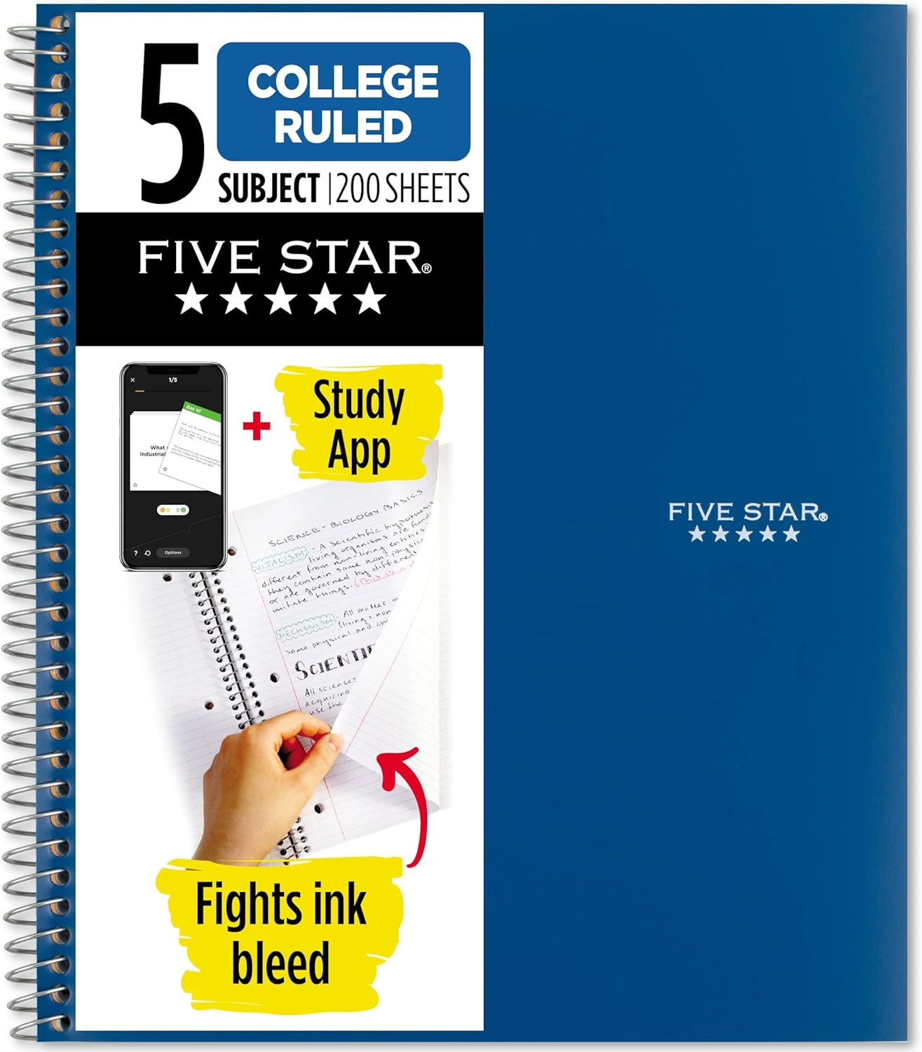 Spiral Notebook + Study App, 5 Subject, College Ruled Paper, 8-1/2″ X 11″, 200 S