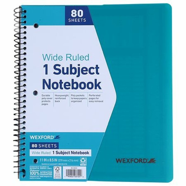 3 Pack Wexford 1 Subject Notebooks Wide Ruled 80 Sheets Poly Cover 11″x8.5″