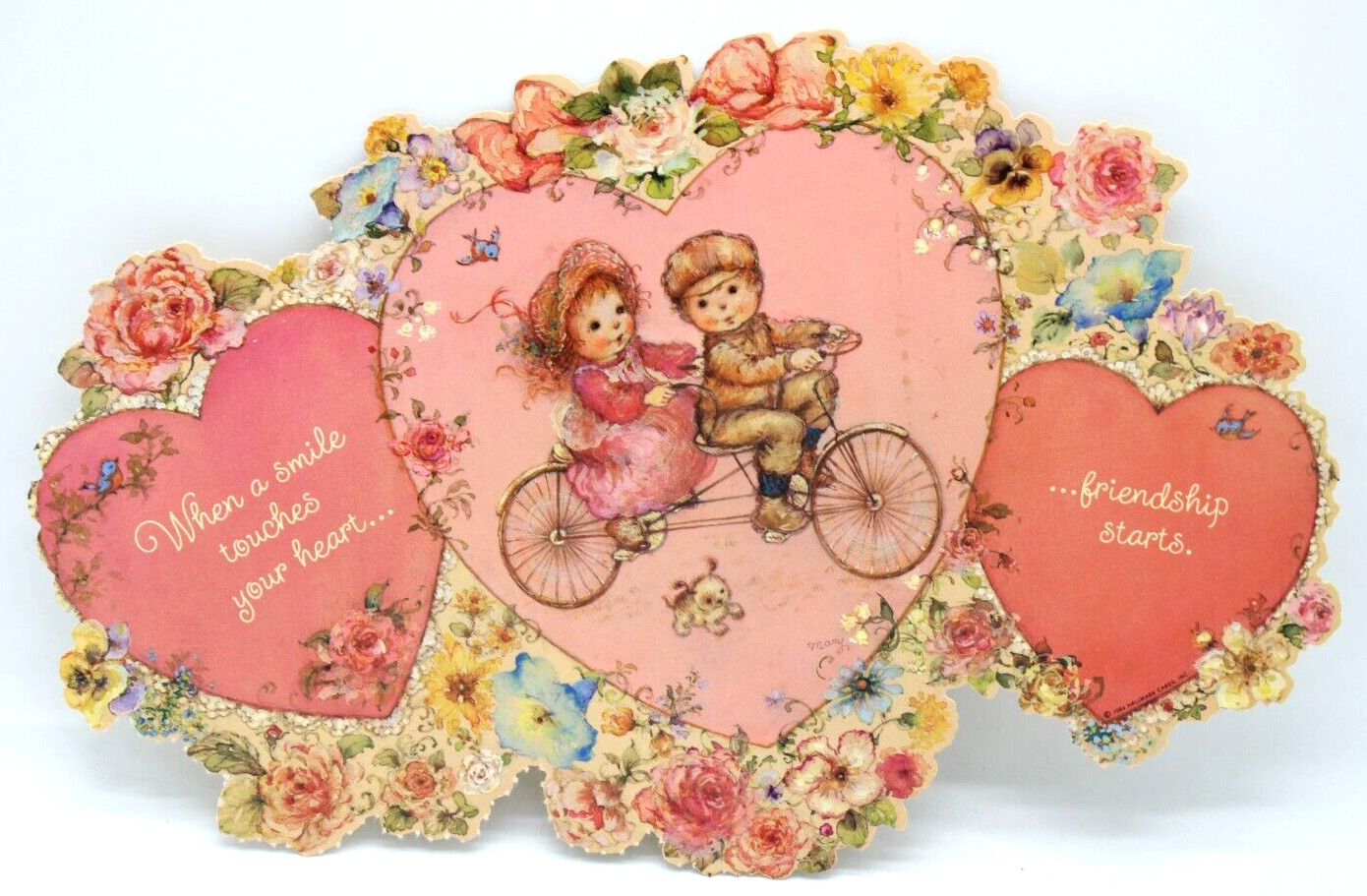 Vintage Valentine Die Cut Decoration GIRL & BOY ON TANDEM BICYCLE Flowers 8”x11”