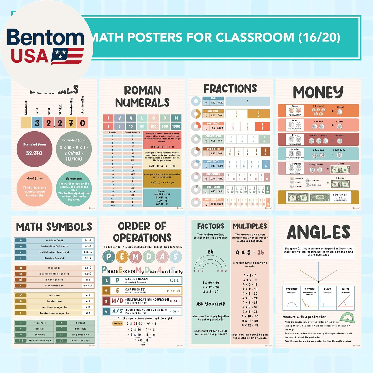 20 Boho Educational Math Posters, 11X17In Educational, Matte-Laminated Decor – f