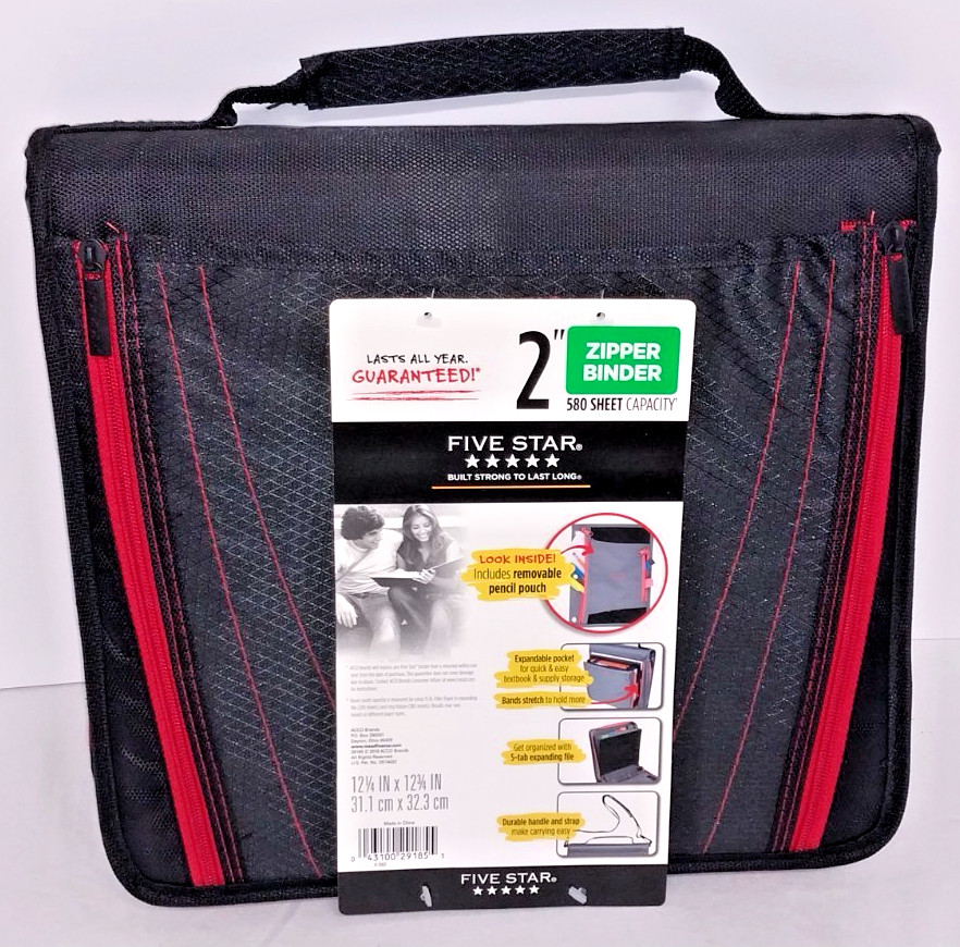 Mead Five Star 2” Zipper Binder, 580 Sheet Capacity, Black & Red w/ Pencil Pouch