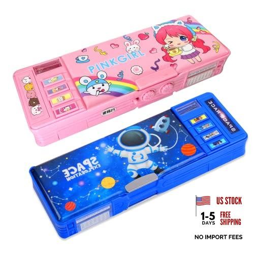 2 Pack – Pop Up Multifunction Pencil Case for Girls and Boys – Cute Pink + Blue