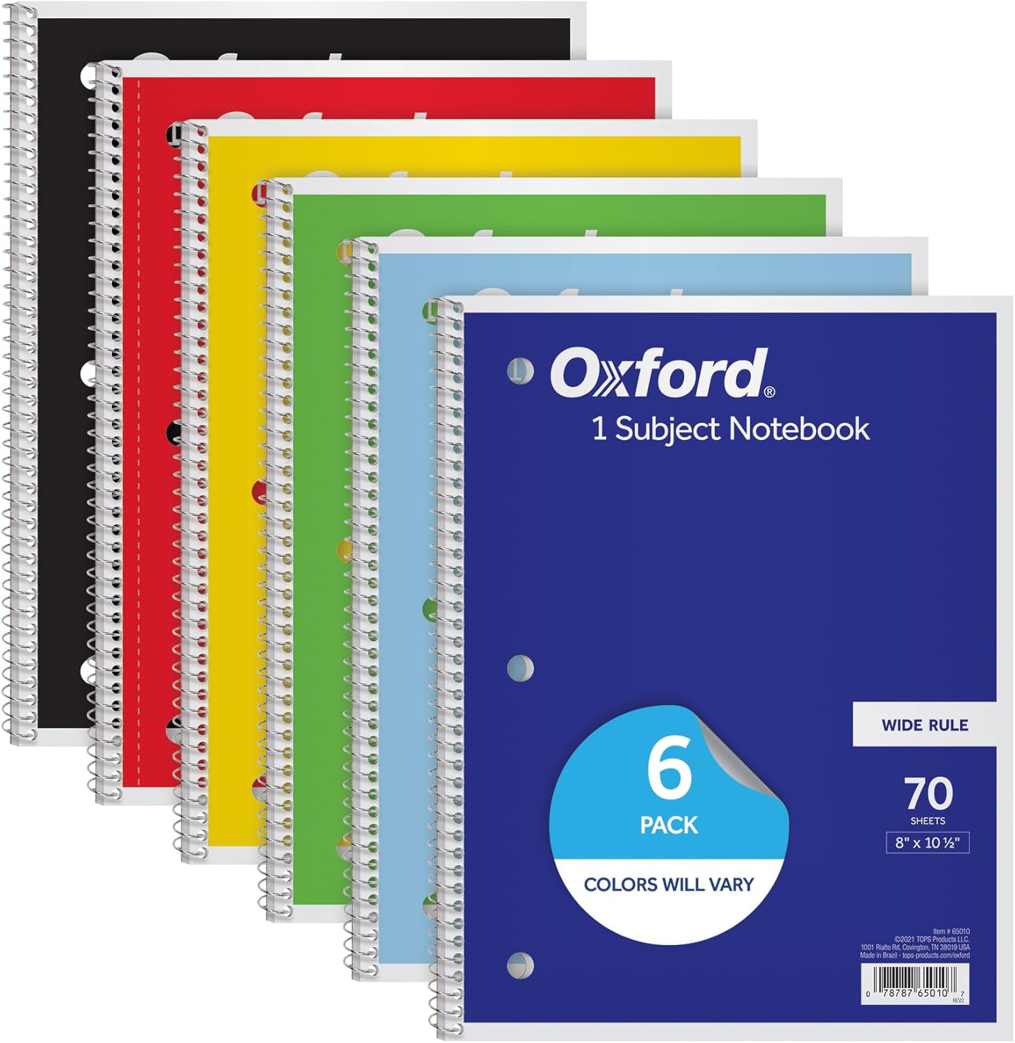 Spiral Notebook 6 Pack 1 Subject Wide Ruled School 8 x 10.5 70 Sheets Colors