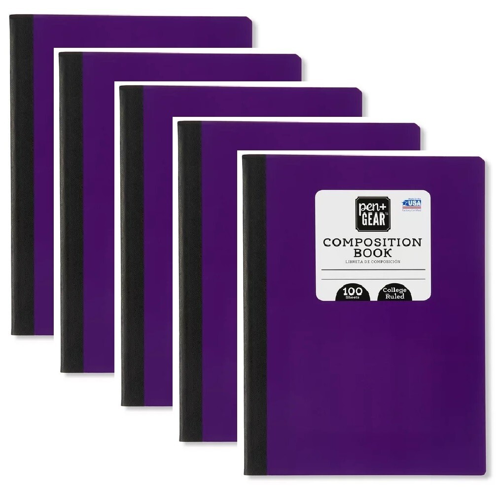 Composition Notebook COLLEGE Ruled 100 Page Solid Color Hard Covers 5-Pk PURPLE