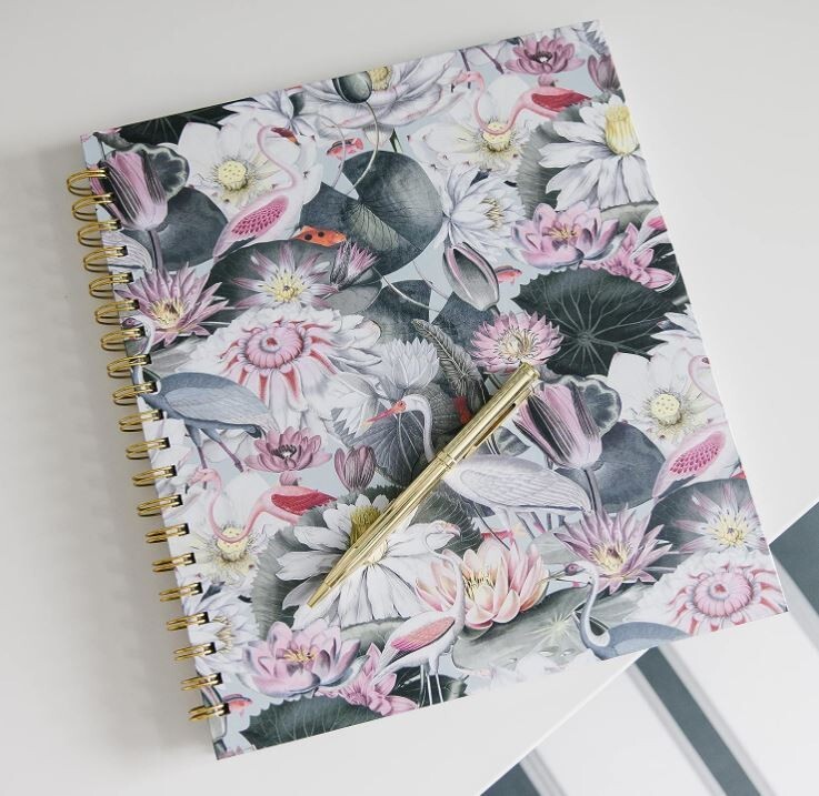 GIFT BOX SET! Large 11″ x 9.5″ Flamingo Flowers Hardcover Spiral Notebook & Pen