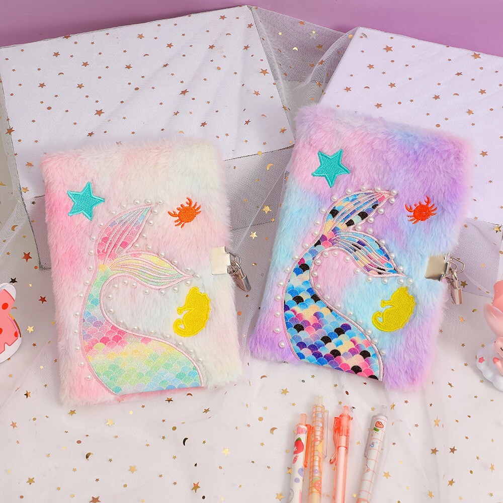 1pc A5 Mermaid Tail Plush Journal With Lock Diary Cute Notepad Gift – Pink