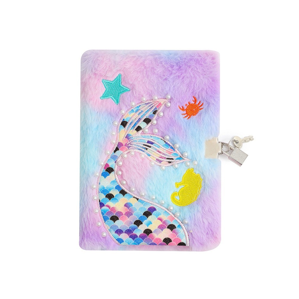 1pc A5 Mermaid Tail Plush Journal With Lock Diary Cute Notepad Gift – Pink