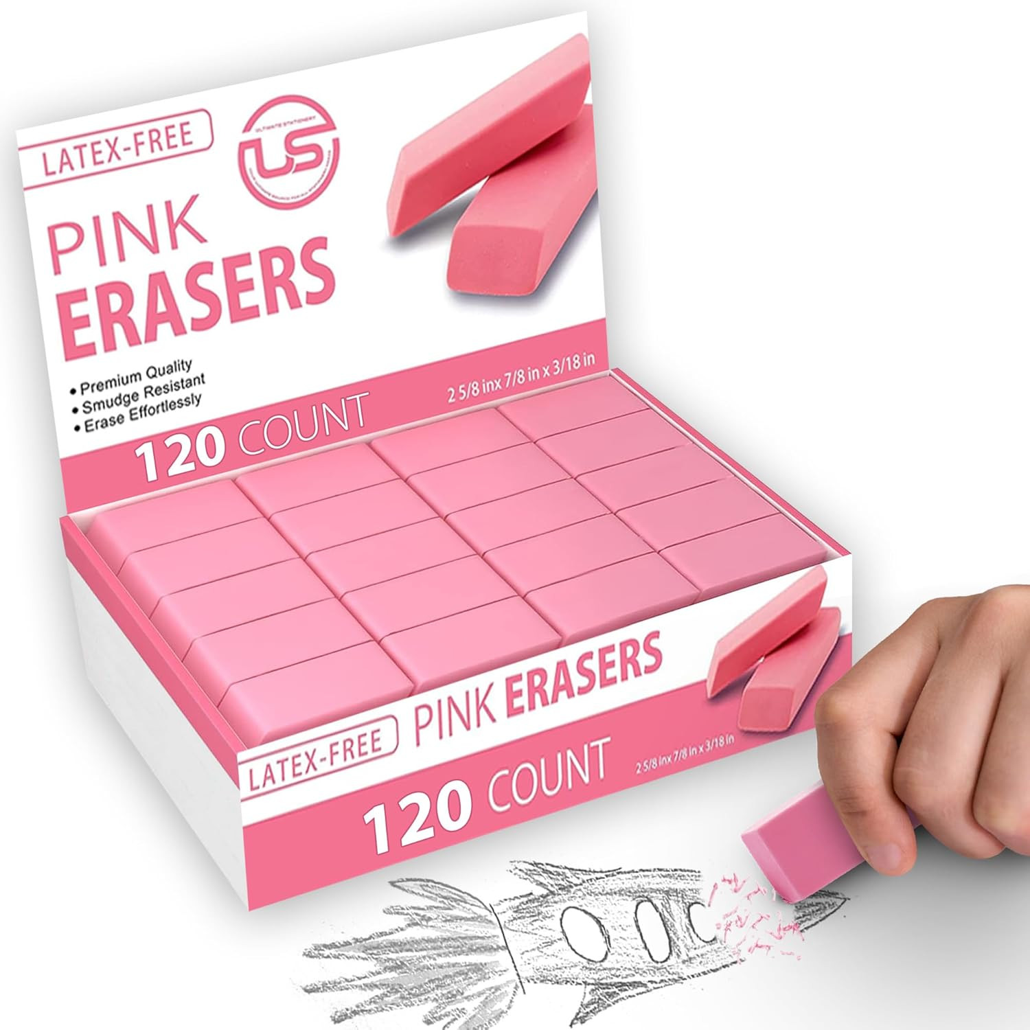 Pink Erasers, 120 Count Rectangular Eraser Bulk Pack, Latex Free Pink Pearl Eras