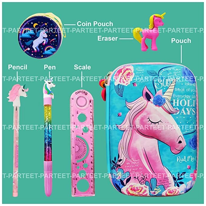 Combo Pack of 7 Items Stationery Set with 1 Big Unicorn Pouch 1 Unicorn Gift