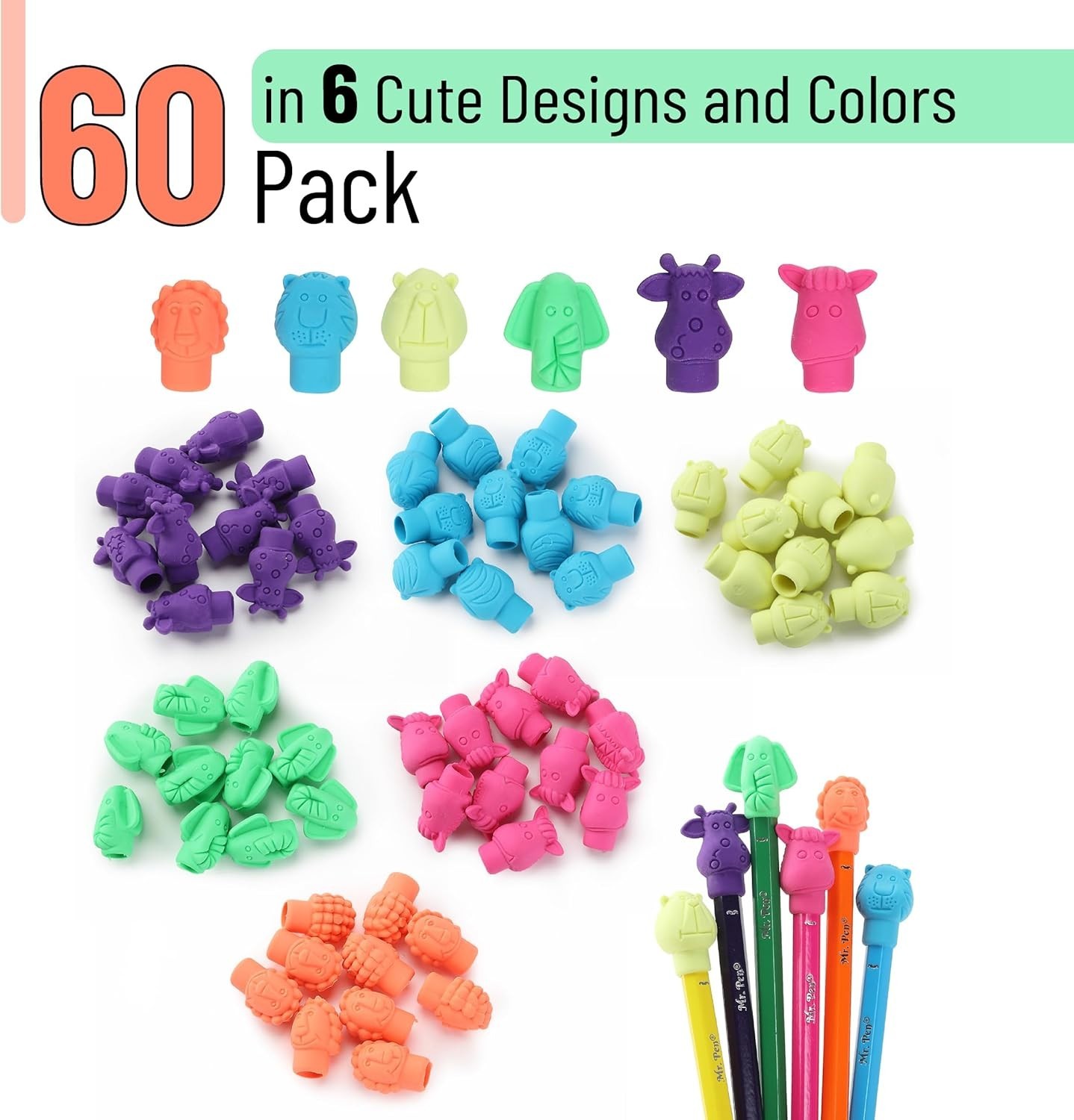 60 Non-Toxic Animal Erasers for Pencils – Perfect for School and Parties