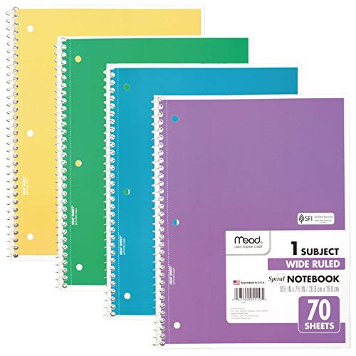 Spiral Notebook, 4 Pack, 1 Subject, Wide Ruled Paper, Pack of 4 Primary Colors