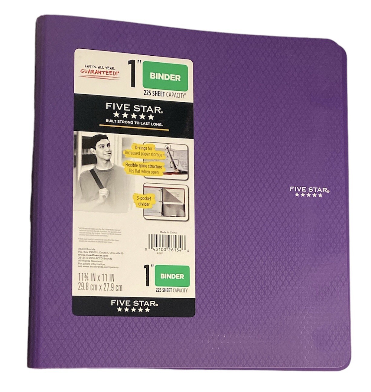 Five Star Purple 1” Ring 225 Sheet Capacity Three Hole Punch Binder New