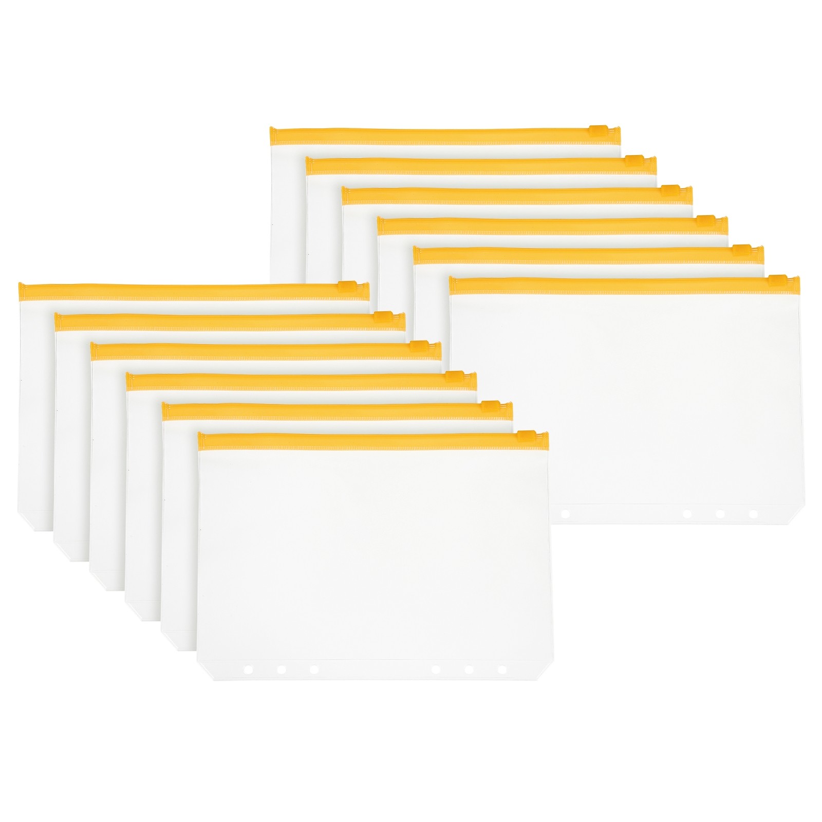 12 Pack 6 Holes A7 Binder Pocket Waterproof, Yellow Zip/Clear Pouch