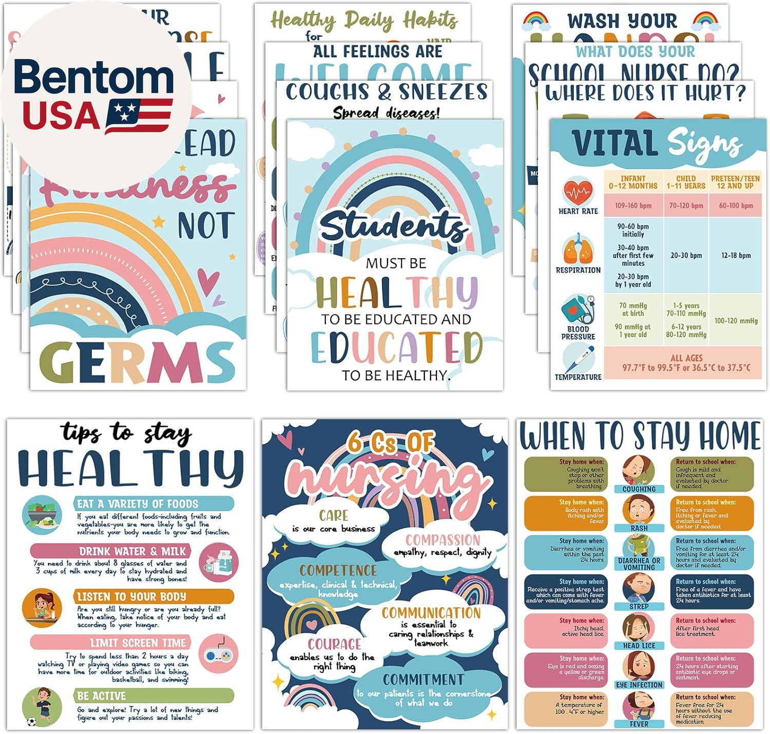 15Pcs School Nurse Bulletin Board Decorations Boho Health Posters for Office Sup