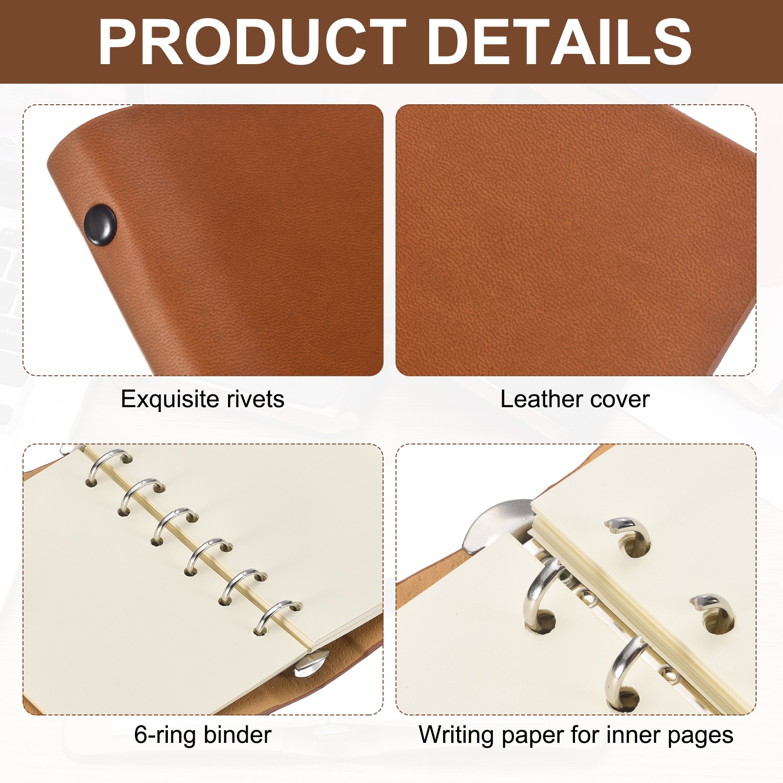 2Set 6 Ring Binder Cover A7 Leather Notebook with Blank Paper and Pen, Coffee