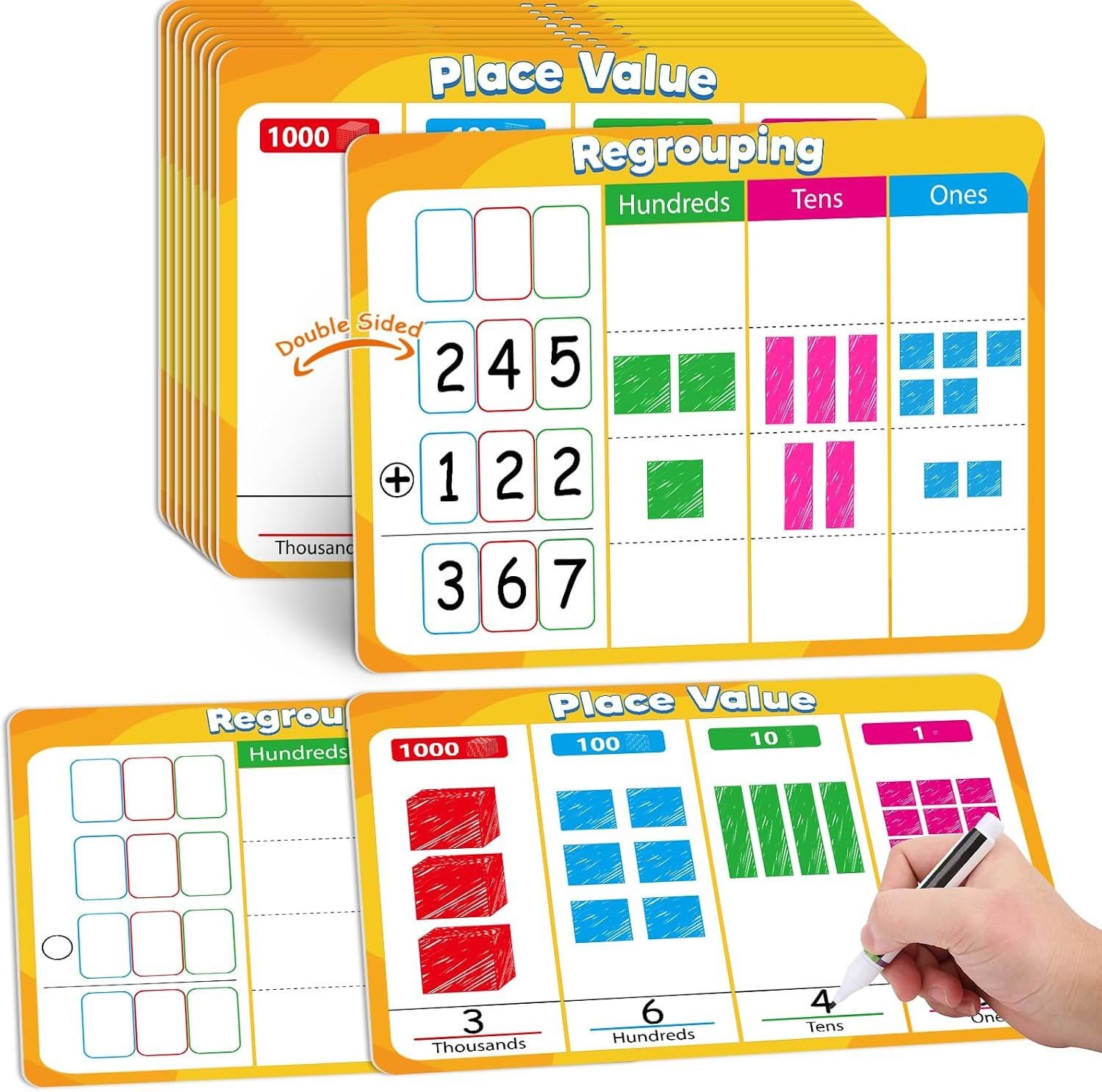 24Pcs Place Value Chart Dry Erase Flash Cards Double Sided Addition Subtraction