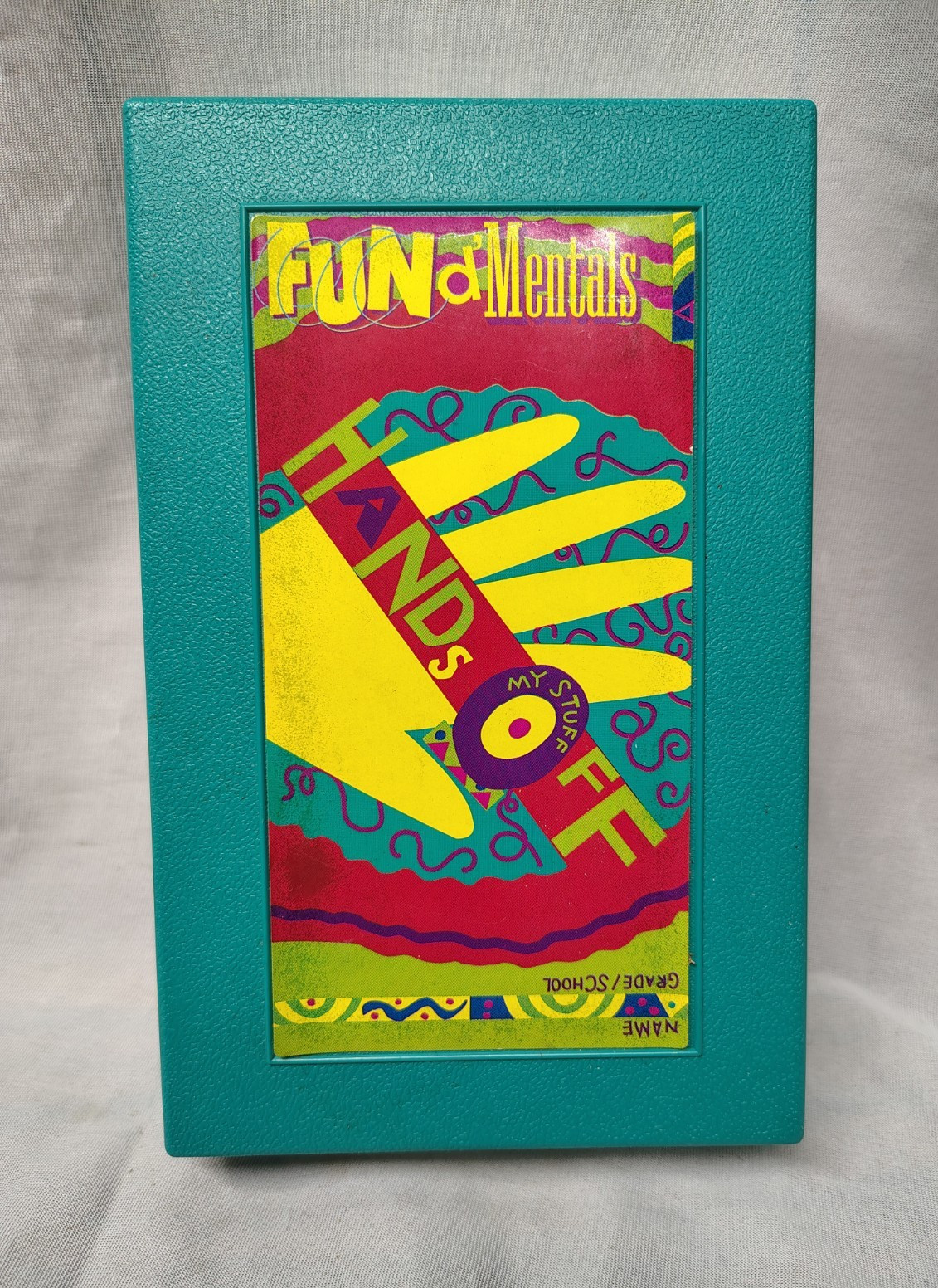 FUNdMentals Retro Teal Pencil Case Abstract Pattern Hands Off My Stuff 90s VTG