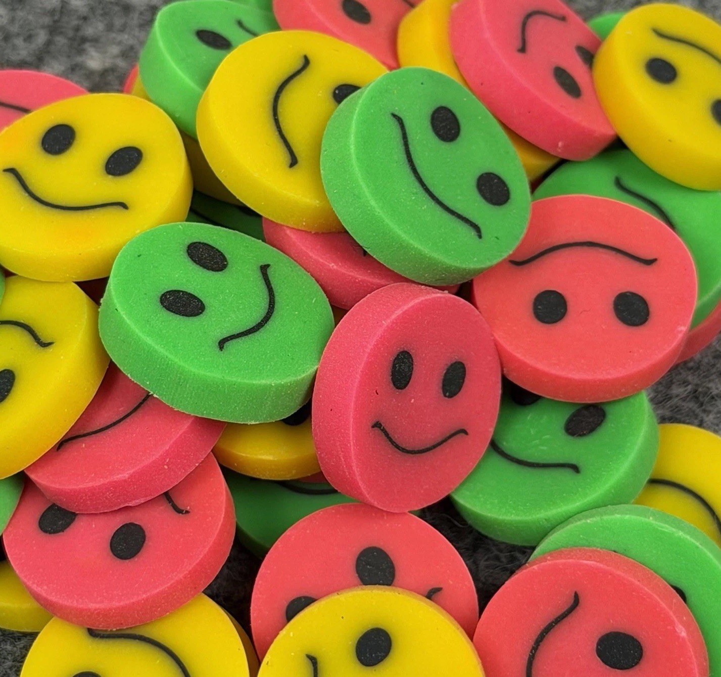 Lot of 46 Vintage Smiley Face Erasers NOS Retro Neon Colors Classroom Rewards