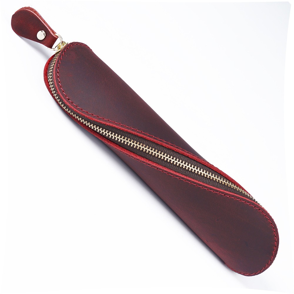 Handmade Genuine Leather Pencil Case Zipper Pen Holder Stationery Storage Pouch