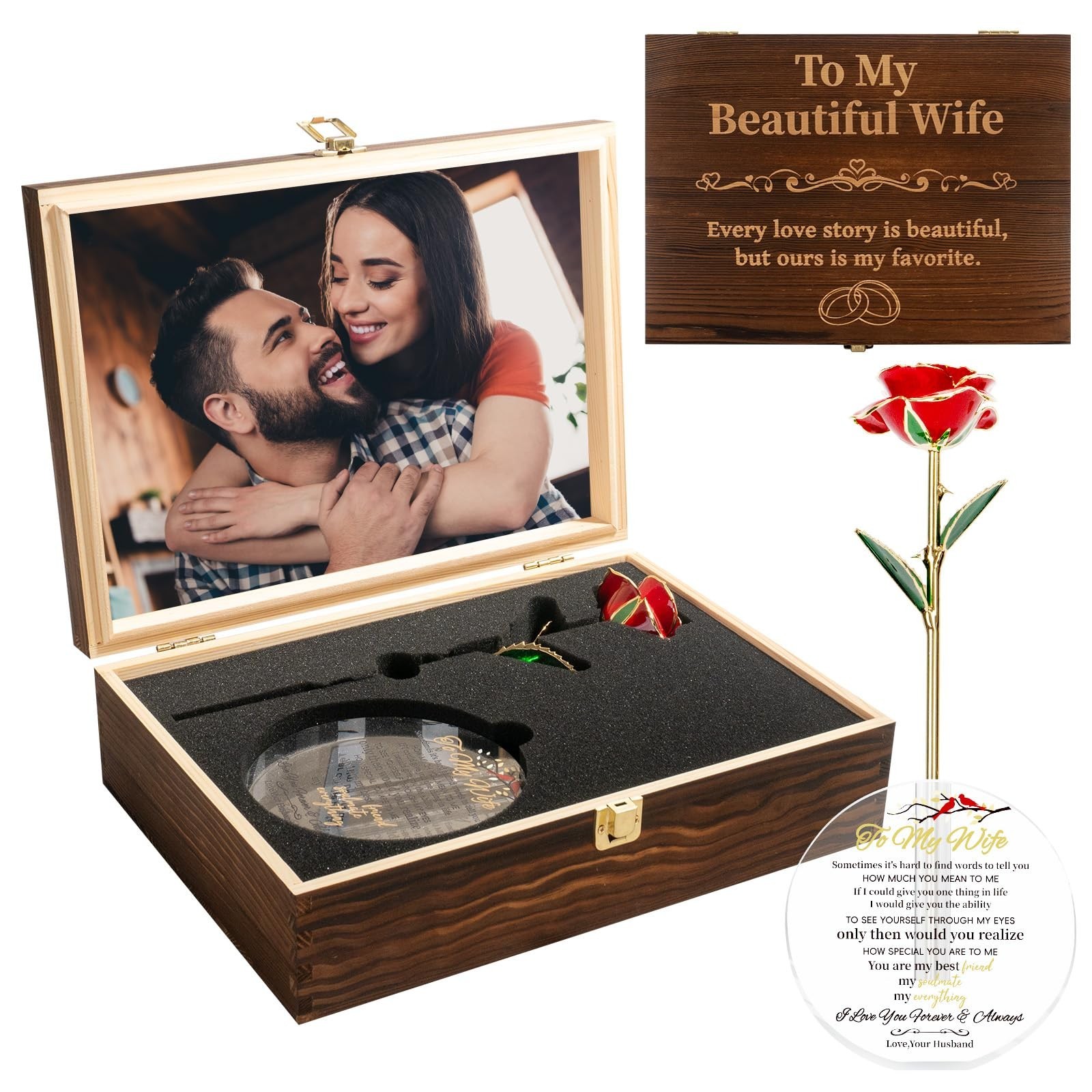 To My Beautiful Wife Women Engraved Wooden Gift Set Includes Crystal Base 24K…