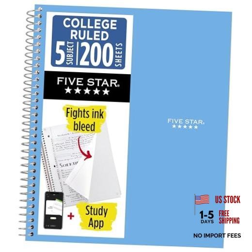 Spiral Notebook + Study App, 5 Subject, College Ruled 1 Count (Pack of 1) Blue