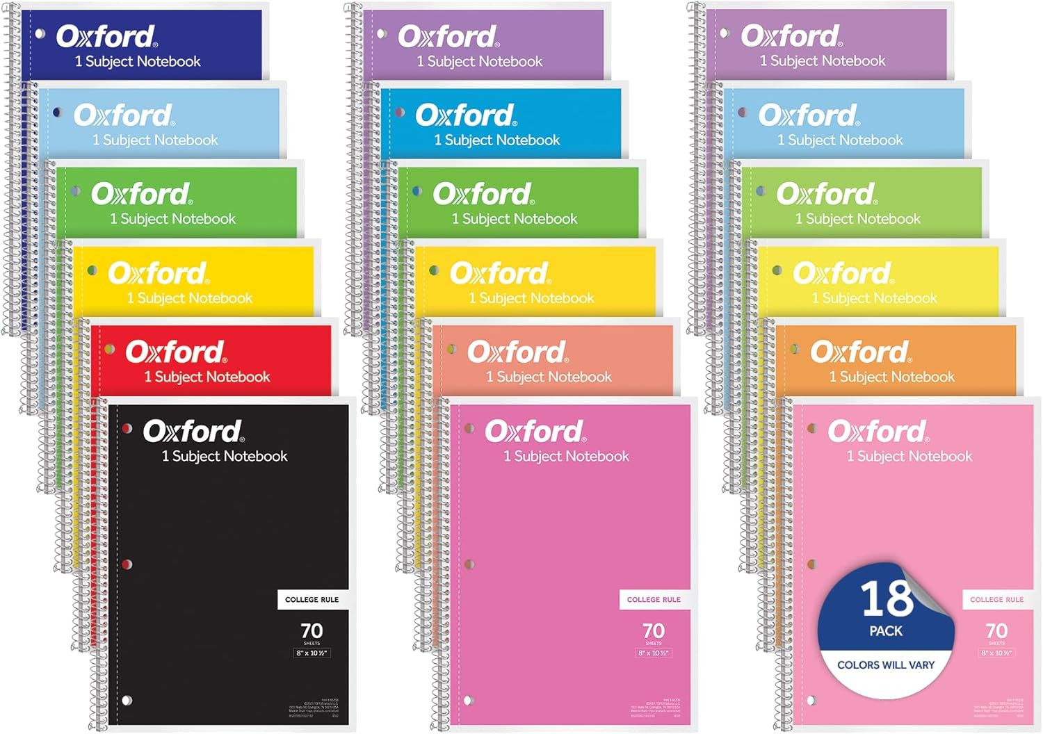 18 Pack Spiral Notebooks 1 Subject College Ruled 8×10.5 70 Sheets Assorted