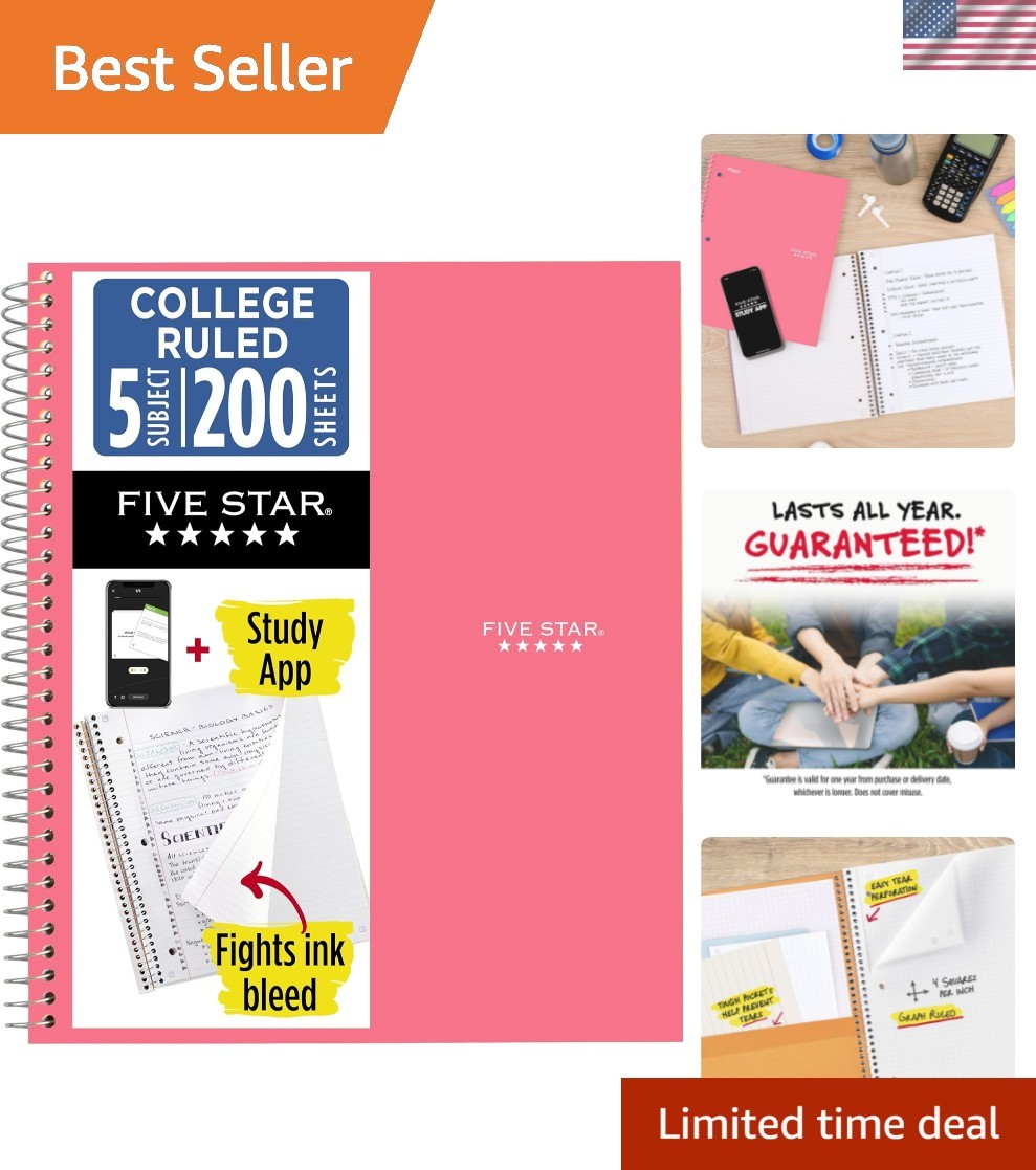 Durable Water-Resistant 5 Subject Notebook + Study App – Prom Pink, 200 Sheets