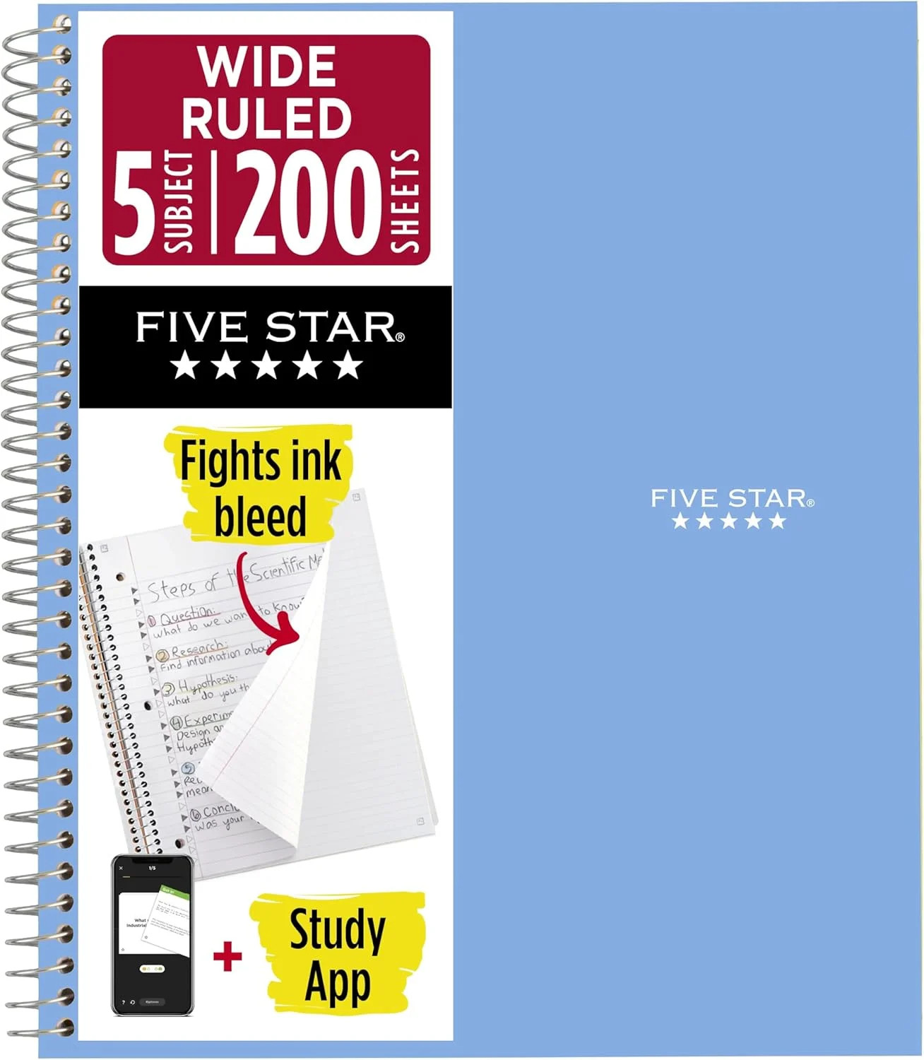 Spiral Notebook + Study App, 5 Subject, Wide Ruled Paper, 8 X 10-1 2, 200 Shee