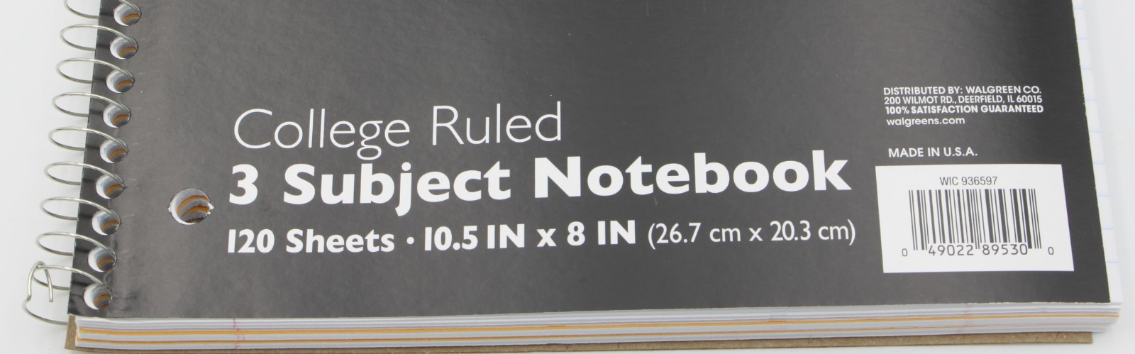 Wexford 3 Subject Notebook College Ruled 120 Sheets 10.5″ x 8″ BLACK Spiral Pad