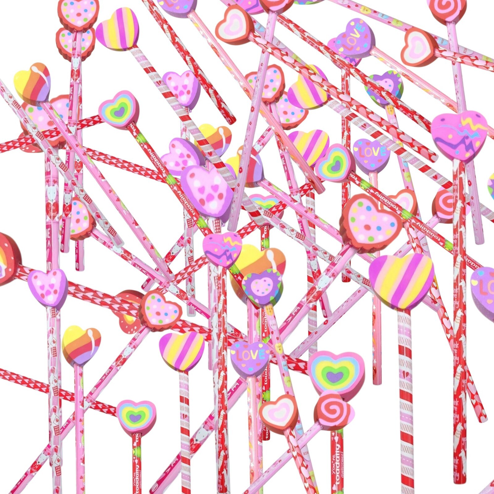 Valentine Pencils Wooden Novelty Print with Heart Shape Erasers (44 count)