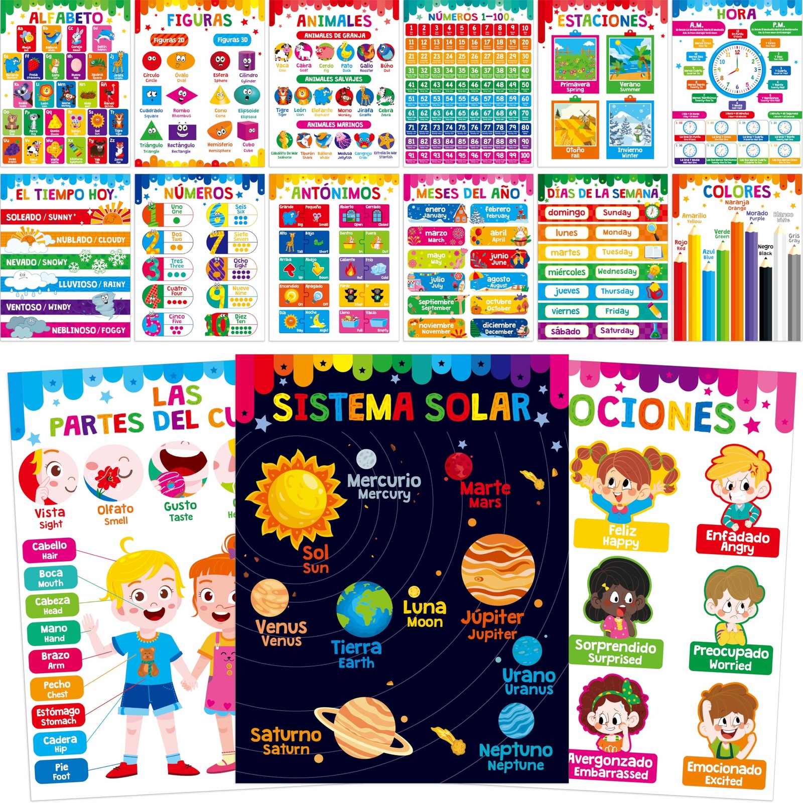 15 Packs Spanish & English Educational Posters, Thick Elementary Bilingual Po…