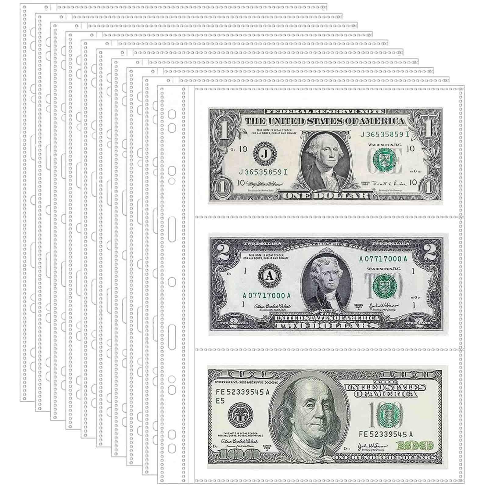 20 Sheets 120 Pockets Currency Sleeves Paper Money Collection Supplies Clear