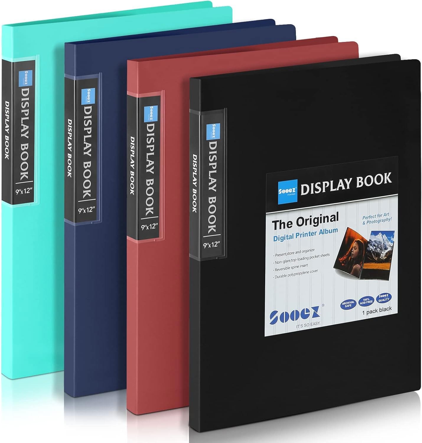 Sooez 30-Pocket Binder with Plastic Sleeves 9×12, 4 Pack, Assorted Colors