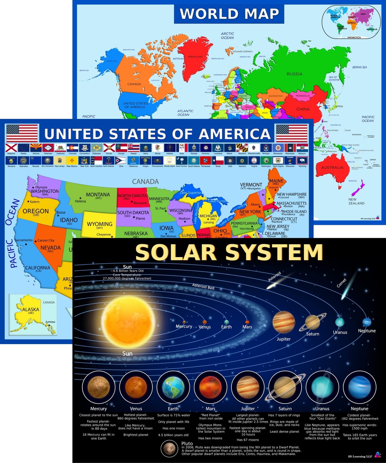 World Map, United States Map, and Solar System Poster with Extra Features – L…