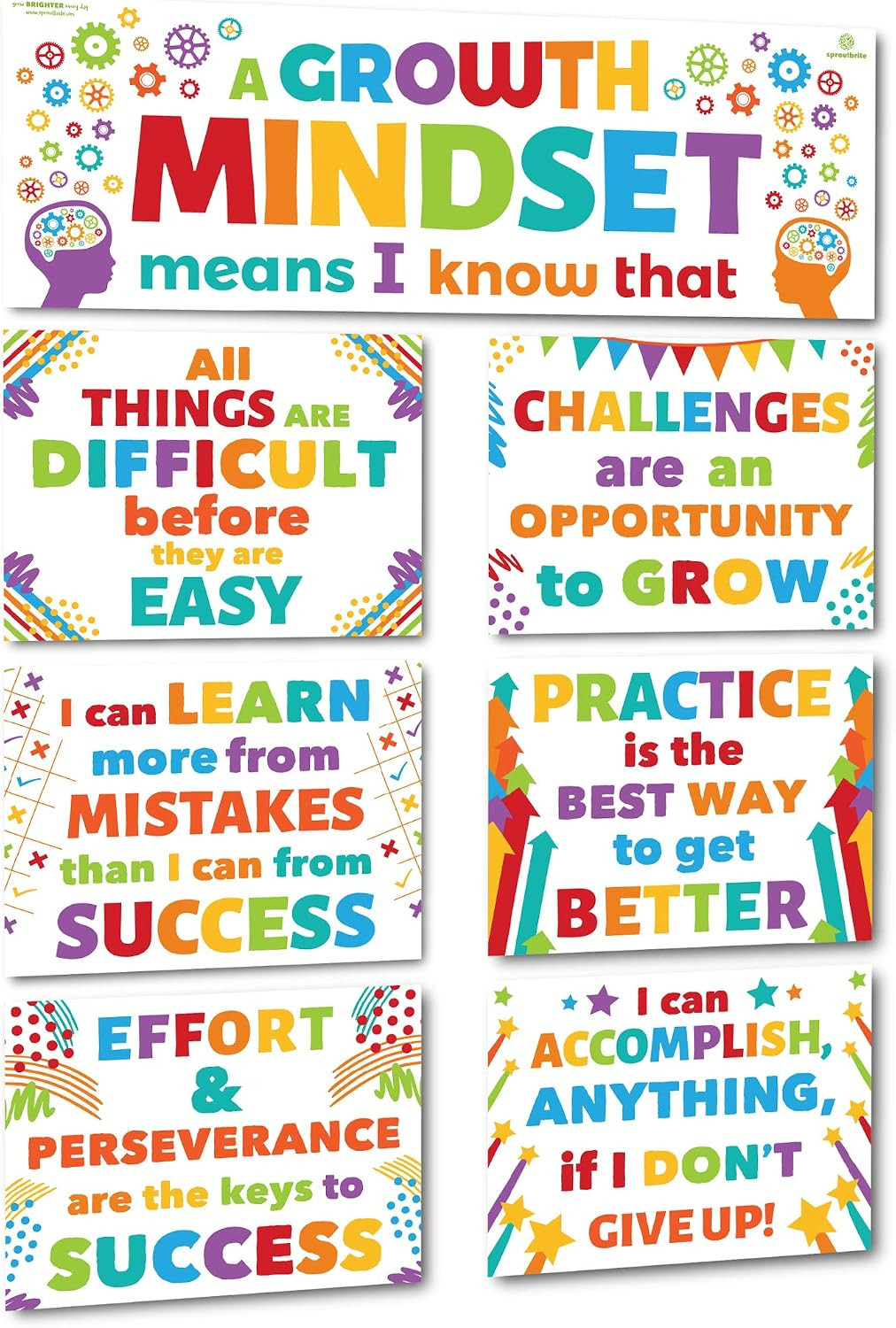 Sproutbrite 7 Pack 13.5″x39″ Growth Mindset Posters for Classroom – 1 Big and 6