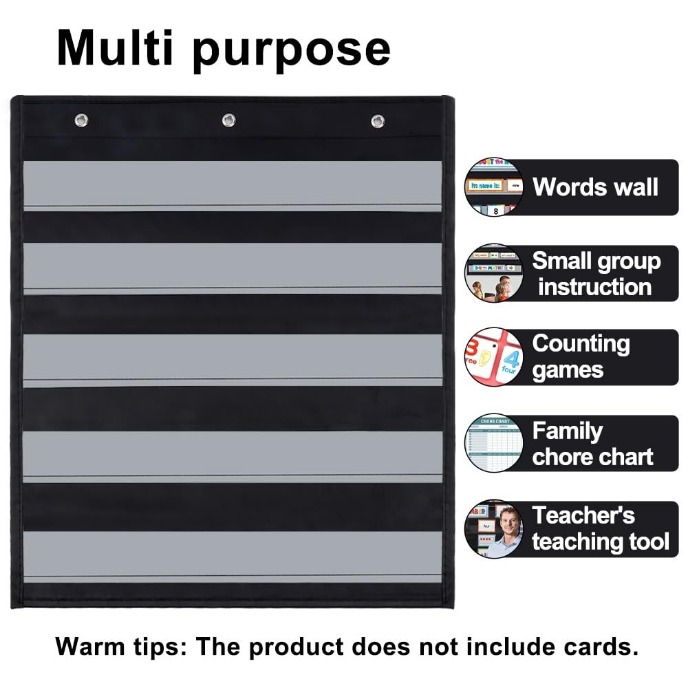 Standard Pocket Chart 5 Clear Pockets Black Storage Wall Organizer 22×17 Inch