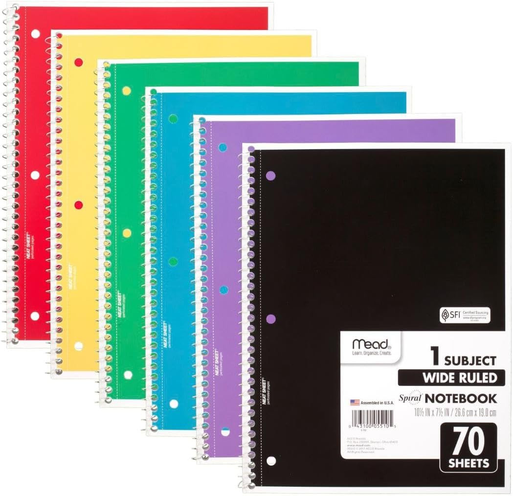 Spiral Notebook, 6 Pack, 1 Subject, Wide Ruled Paper, 7-1/2″ x 10-1/2″, 70 Sheet