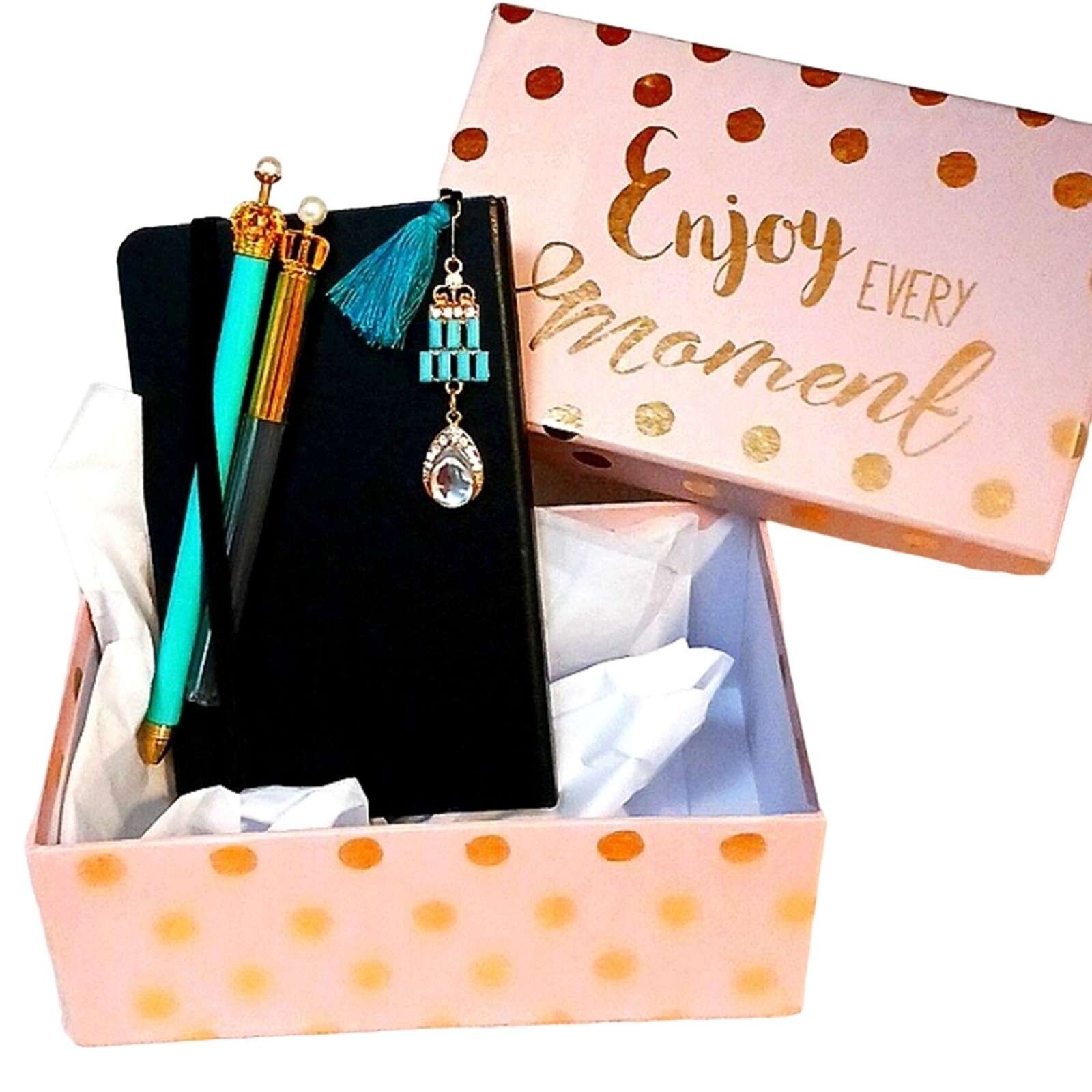 Journal Set Black Hardcover Notebook Jeweled Bookmark Pencil Duo w GIFT BOX New