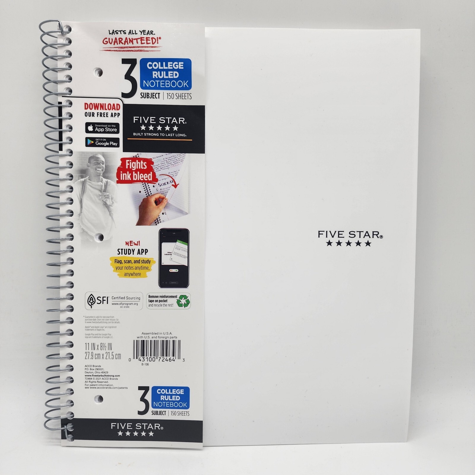 Five Star Spiral Notebook + Study App 3 Subject College Ruled 150 Sheet 8 1/2×11
