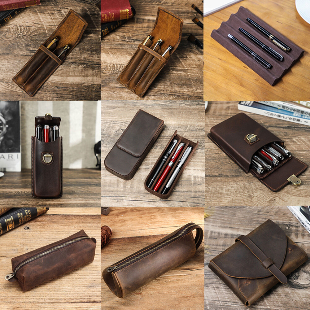 Genuine Leather 2/3/5 Slot Handmade Hard Fountain Pen case Pen Storage Box NEW