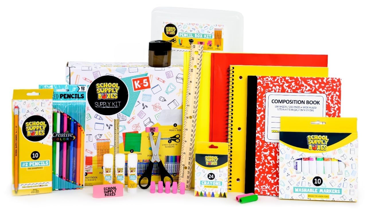 School Boxes Back To Grades K-5 – – 32 Piece Supplies Kit