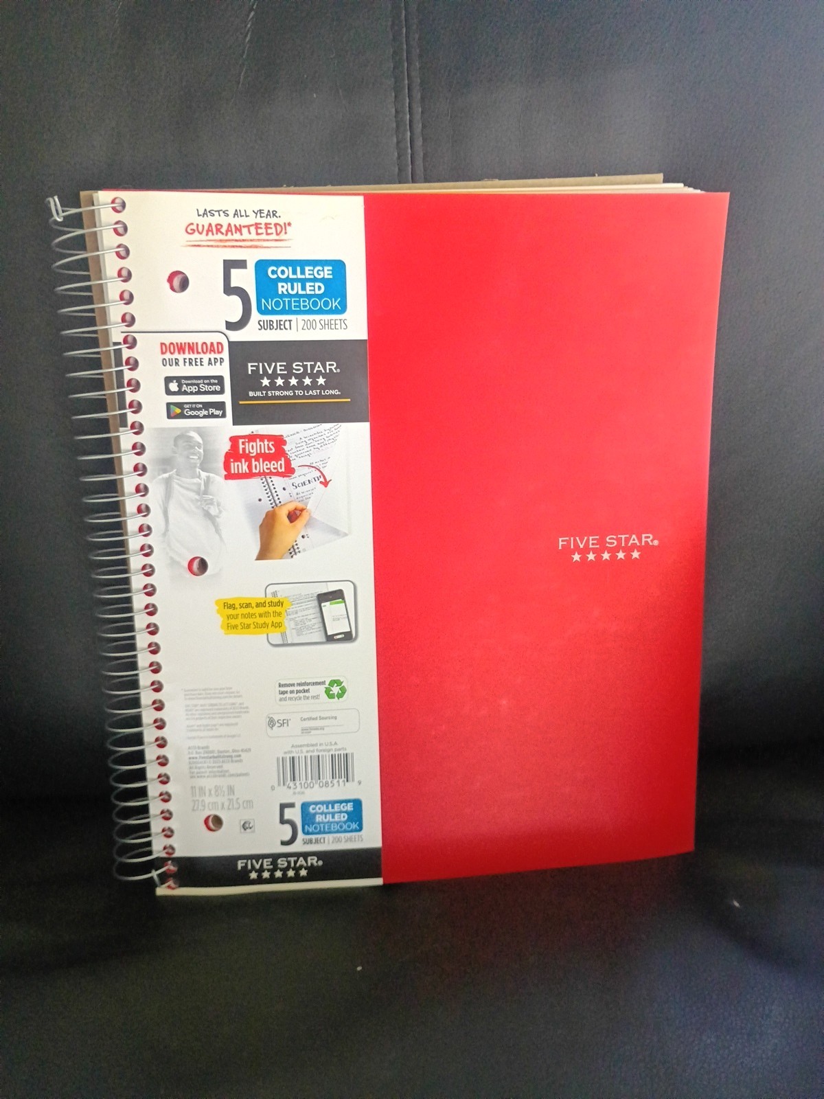 Five Star 5 Subject Notebook Red Lasts All Year 200 College Ruled Pages